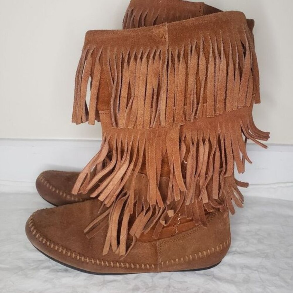 Suede leather fringe moccasin boots